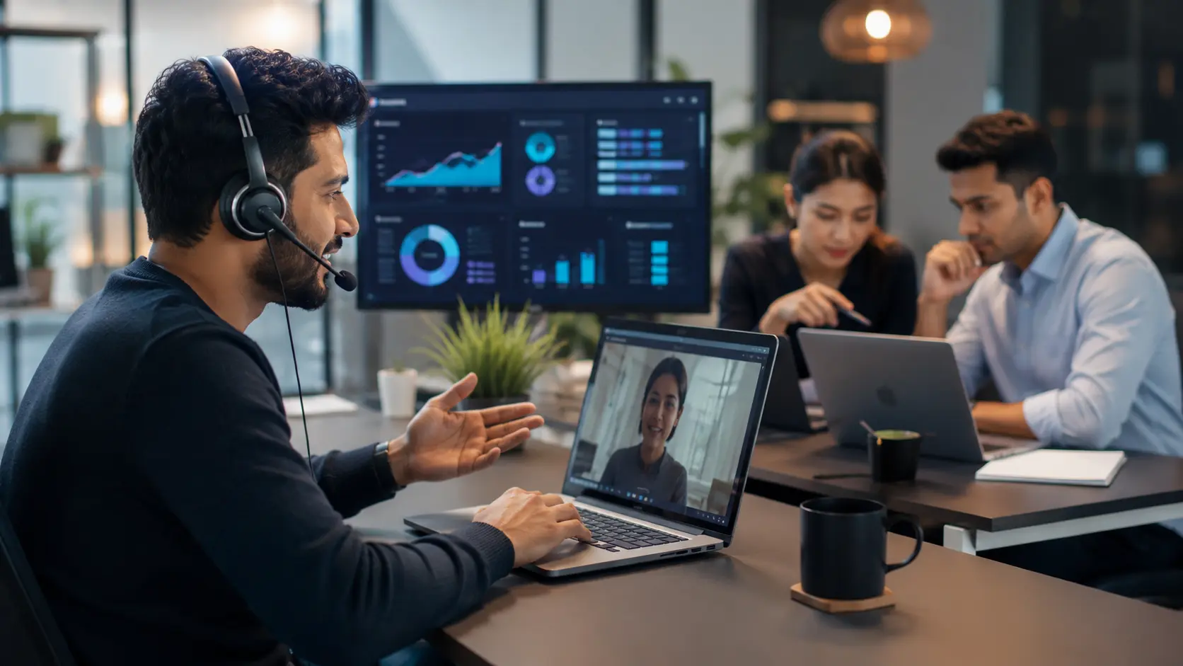 Support specialist working with a laptop and customer communication tools